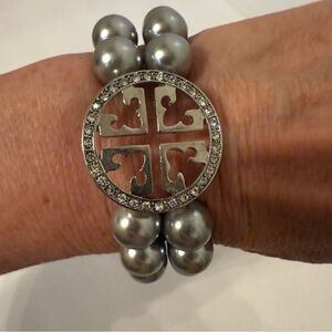NEW ISIS CREATIVE BRACELET SILVER TONE FAUX PEARL DOUBLE STRAND & T RHINESTONE